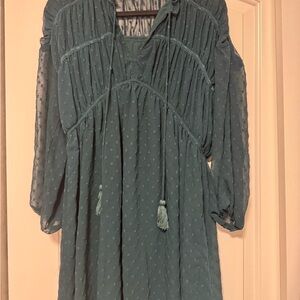 Hunter Green Lined Sheer Long Sleeve Peasant Dress with Tassels